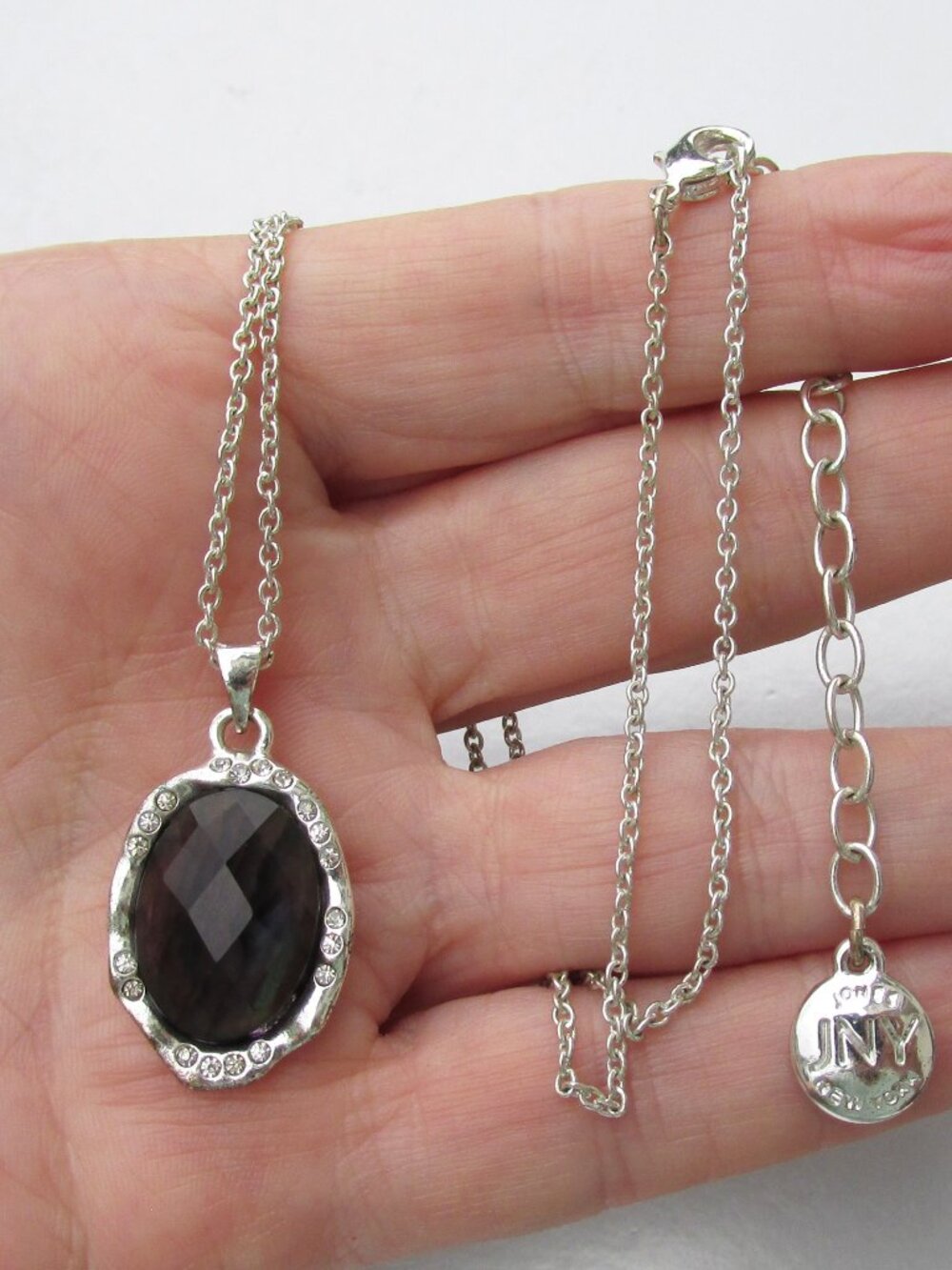 Vtg JONES New York Dark Purple Rhinestone Abalone Silver Tone Pendant Necklace
